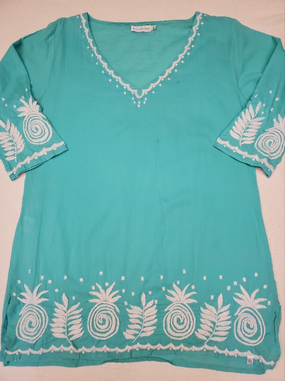 West Indies Wear Teal Embroidered Pineapple Cotton Tunic Top Size L Resort